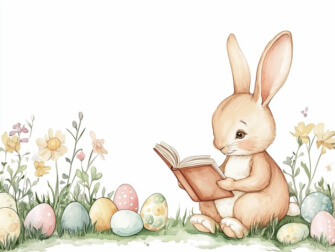 Rabbit Reading a Book Surrounded by Easter Eggs and Flowers thumbnail