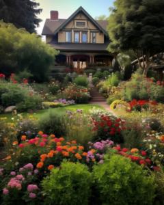 Lindo jardim com uma variedade de flores e plantas thumbnail