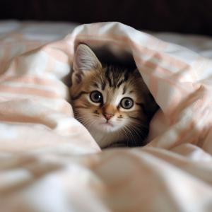 Niedliches Kätzchen, das unter einer Decke auf einem gemütlichen Bett versteckt ist
