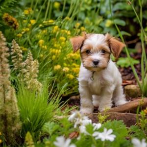 Liebenswerter Hund in einem schönen Garten mit bunten Blumen und Pflanzen