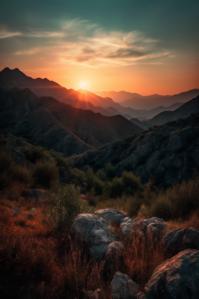 Pôr do sol deslumbrante sobre montanhas com nuvens no céu thumbnail