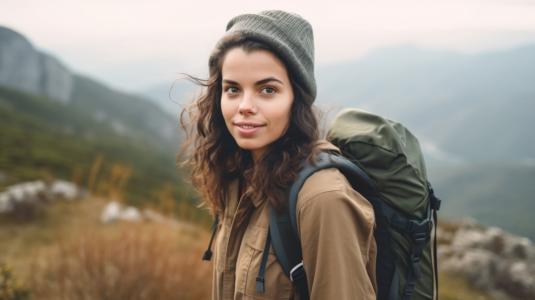 Linda imagem de uma jovem mulher em uma trilha de montanha thumbnail