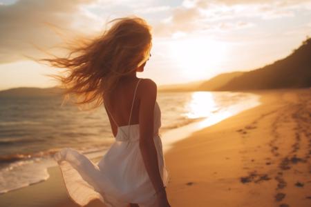 Impressionante imagem de uma mulher em um vestido branco caminhando na praia ao pôr do sol thumbnail