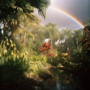 Linda imagem de uma floresta tropical exuberante com rio e arco-íris thumbnail