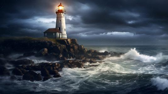 Dramatic picture of a lighthouse during a storm in the sea