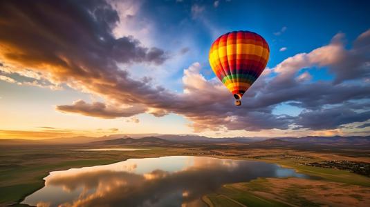Beautiful Sunset Landscape with Hot Air Balloon over a Lake