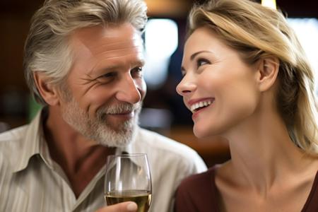 Glückliches älteres Paar in Freizeitkleidung genießt Wein in einer Bar