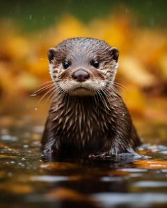 Cute Picture of a Baby Otter in a Puddle with Fall Foliage Behind