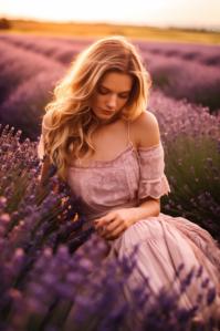 Linda imagem de uma mulher em um campo de lavanda ao pôr do sol thumbnail