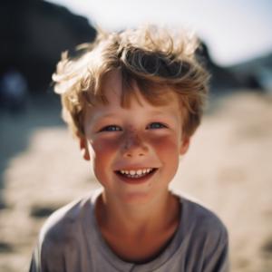 Jeune garçon heureux sur la plage avec des cheveux en désordre et un t-shirt gris