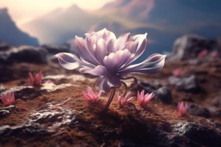 Impressionante imagem de uma flor roxa em terreno rochoso com montanhas ao fundo thumbnail