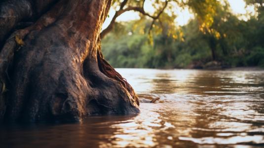 Stunning Image of a Tree with Submerged Roots in a River at Sunset