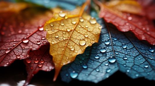 Vibrant Autumn Leaves with Water Droplets in Close-up View