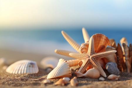Belle scène de plage avec étoile de mer et coquillages