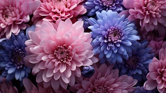 Belle composition florale avec des fleurs roses et bleues