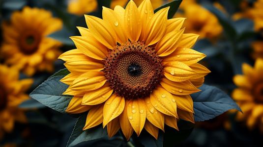 Schönes Nahaufnahme-Bild einer Sonnenblume mit Wassertropfen