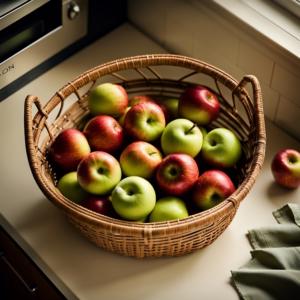 Beautiful Picture of Apples in a Wicker Basket on a Kitchen Counter Sketches thumbnail