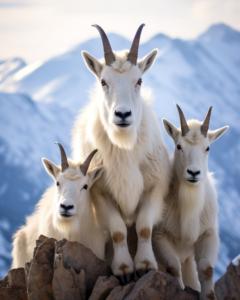 Imagem impressionante de cabras da montanha em um penhasco rochoso com montanhas cobertas de neve thumbnail