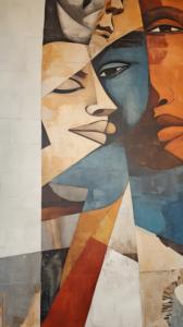 Murale Vibrante avec Visages Colorés et Motifs Géométriques