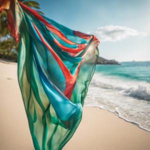 Mulher em uma praia com lenço colorido soprando ao vento thumbnail