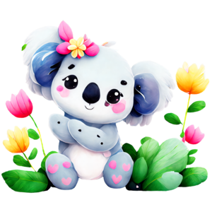 Download Adorable Koala Bear with Pink Bow Among Colorful Flowers PNG  Online - Creative Fabrica