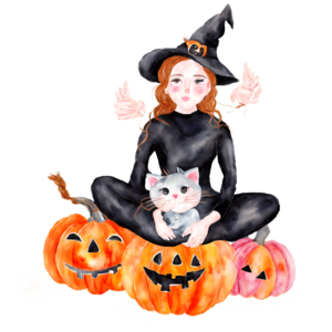 Scarica Strega di Halloween su zucche con gatto nero PNG Online - Creative  Fabrica