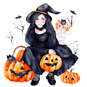 Scarica Strega di Halloween spaventosa con gatto nero e zucca PNG Online - Creative  Fabrica