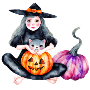 Scarica Giovane strega che celebra Halloween con zucche e gatto PNG Online  - Creative Fabrica