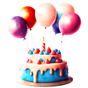 Desenho de aniversário com balão colorido e bolo de aniversário