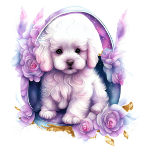 Entzückende Haustierdekoration: Kleiner weißer Hund in lila Blumen PNG  online herunterladen – Creative Fabrica
