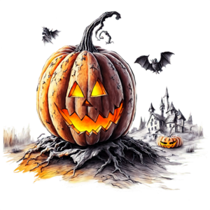 Baixe Bruxa de Halloween com Abóboras e Morcegos PNG - Creative Fabrica