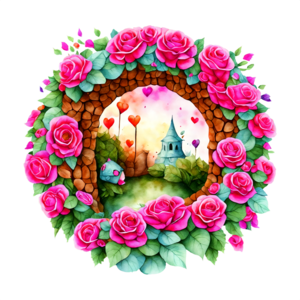 Scarica Ghirlanda di rose rosa ispirata alle fiabe con castello e statuine  PNG Online - Creative Fabrica