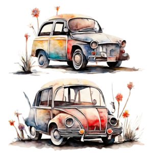 Hand drawn car with flowers illustration on transparent background