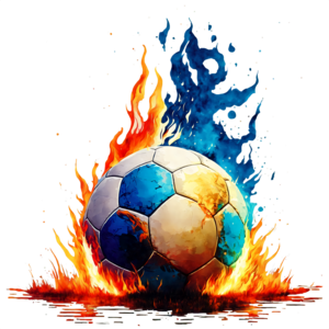 Jogador de futebol pronto para jogar com a bola de futebol ardente