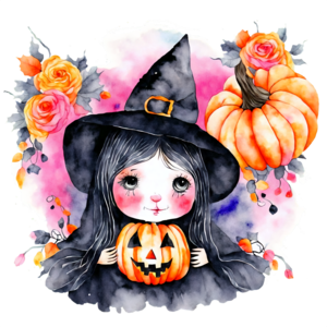 Uma bruxa de halloween estilo anime com abóboras