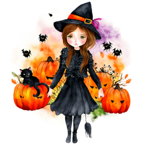 Scarica Ragazza di Halloween con cappello da strega e gatto nero PNG Online  - Creative Fabrica