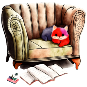 Scarica Gatto colorato su poltrona con libri e cancelleria PNG Online -  Creative Fabrica