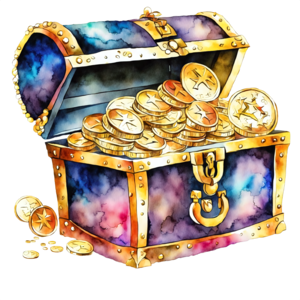 Large treasure of gold coins with overflowing open chest. Stock