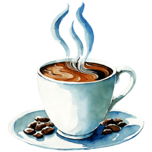 Taza de café con leche y granos de café