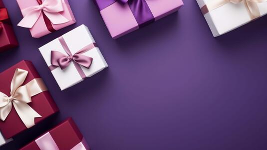 Bunte Geschenkboxen auf einem lila Hintergrund