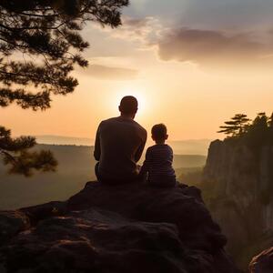Vater und Kind genießen den Sonnenuntergang auf der Klippe Hintergründe thumbnail