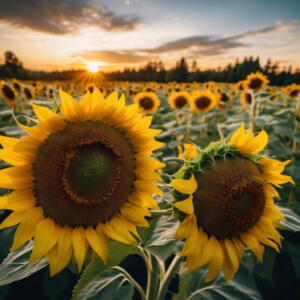 Girassóis ao pôr do sol em um campo thumbnail