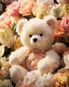 Urso de Pelúcia Branco Cercado por Flores Cor-de-Rosa, Amarelas e Brancas thumbnail