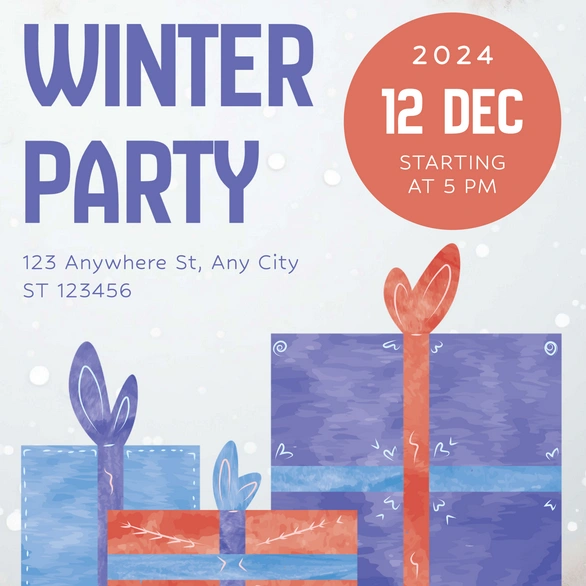Winter party invitation with gift illustrations