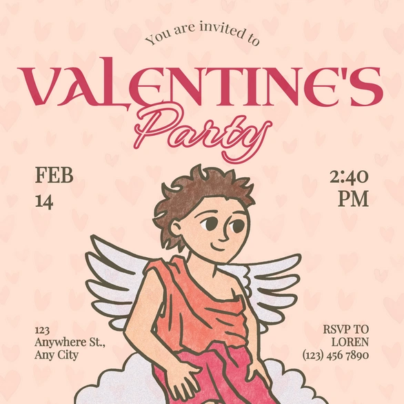 Valentine's Day party invitation featuring a cupid illustration