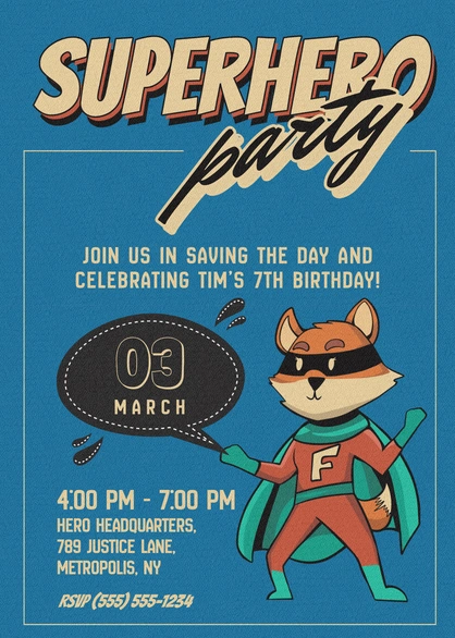Superhero-themed birthday party invitation