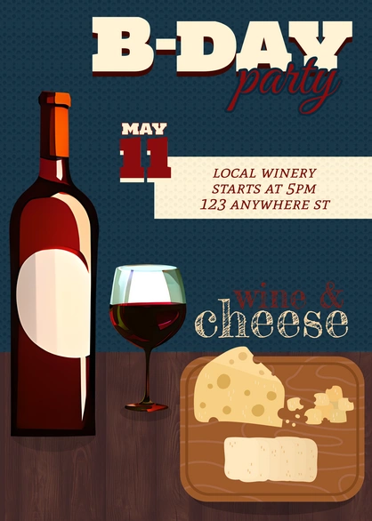 Birthday party invitation featuring wine and cheese theme