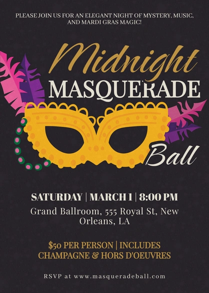 Masquerade ball invitation featuring a mask and event details