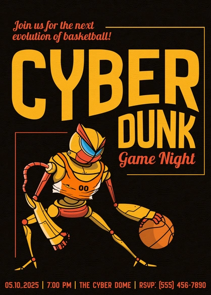 Promotional poster for a basketball game night themed with robotics.