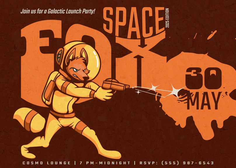 Space-themed party invitation with illustrated fox astronaut.